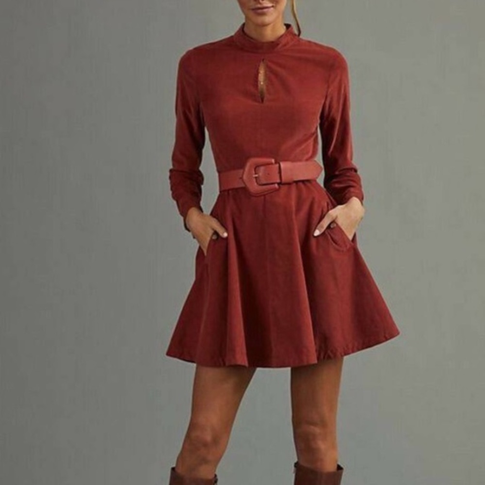 ANTHROPOLOGIE Maeve Corduroy Mini Dress Dark Orange Fit and Flare 6